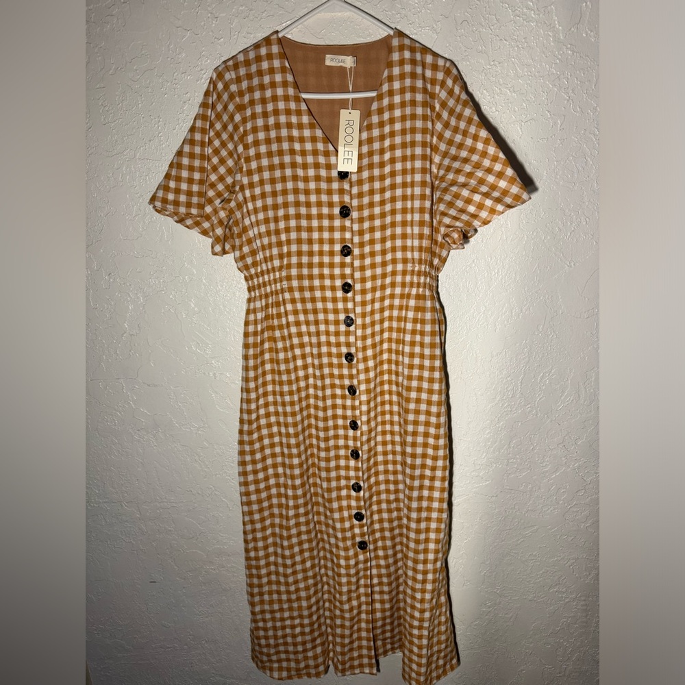 NWT Roolee Womens L Mustard Gingham Dress